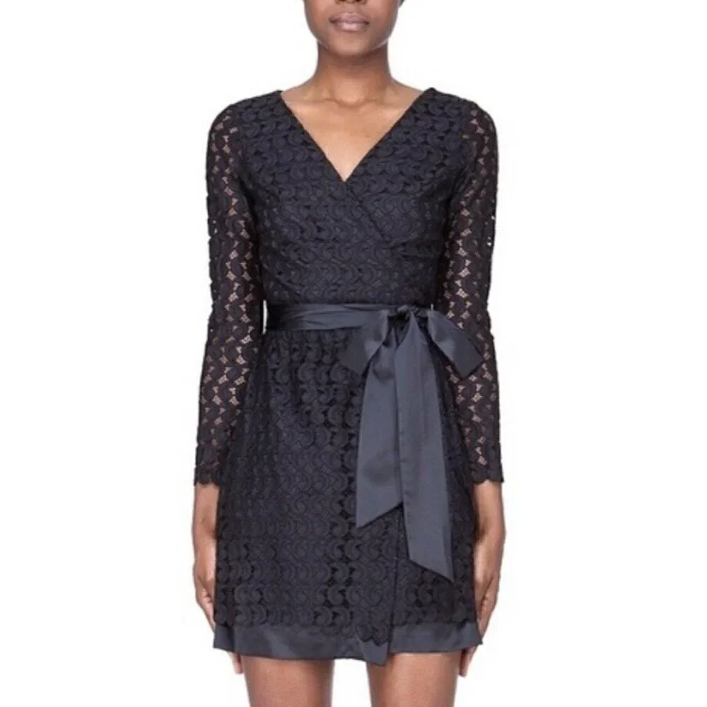 Diane von Furstenberg Sz 8 Black Lace Satin Tie Elegant Formal Wrap Dress RARE
